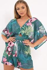 Green Tropical Kimono Sleeve Playsuit - Suzy