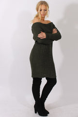 Khaki Bardot Heavy Knit Jumper Dress - Suzy