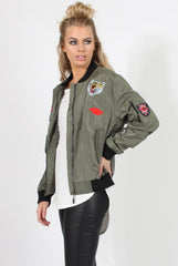 Khaki Badge Detail Bomber Jacket - Suzy