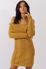Mustard Bardot Heavy Knit Jumper Dress - Suzy