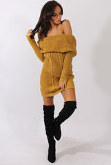 Mustard Bardot Heavy Knit Jumper Dress - Suzy