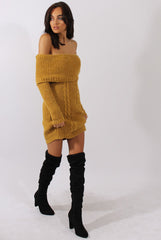 Mustard Bardot Heavy Knit Jumper Dress - Suzy
