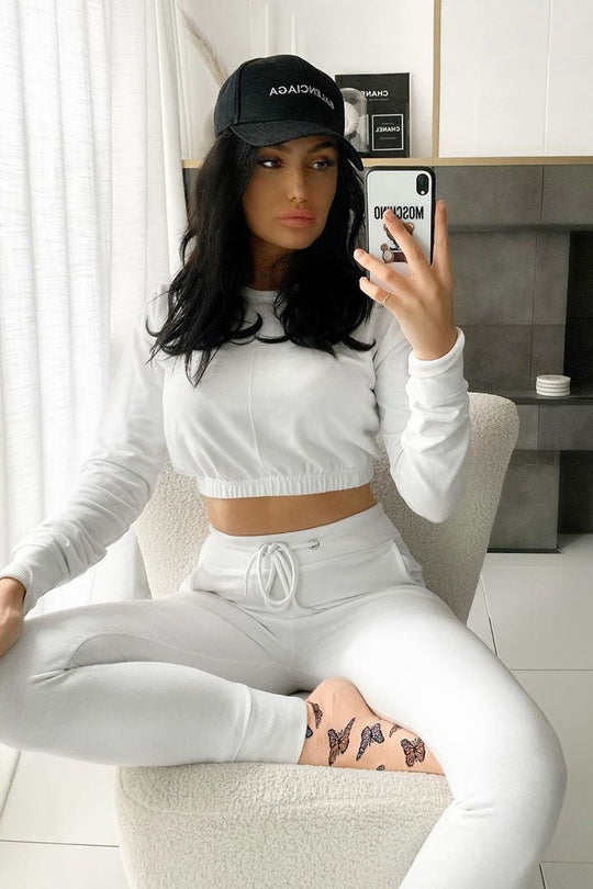 White Crop Top and Slim Jogger Loungewear Co-ord Set - Suzy