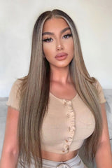 Camel Ribbed ButtonFrill Hem Crop Top - Pennie