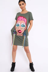 Khaki Crew Neck Girls Face T-shirt Dress with Tassels - Sway