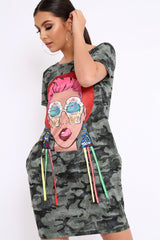 Khaki Camo Crew Neck Girls Face T-shirt Dress with Tassels - Sway