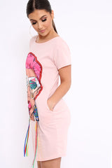 Pink Crew Neck Girls Face T-shirt Dress with Tassels - Sway