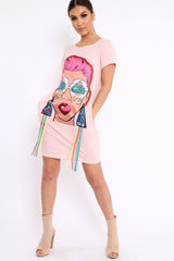 Pink Crew Neck Girls Face T-shirt Dress with Tassels - Sway