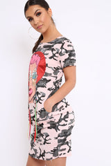 Pink Camo Crew Neck Girls Face T-shirt Dress with Tassels - Sway