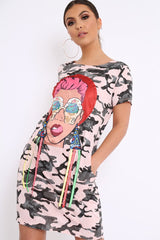Pink Camo Crew Neck Girls Face T-shirt Dress with Tassels - Sway