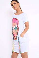 White Crew Neck Girls Face T-shirt Dress with Tassels - Sway
