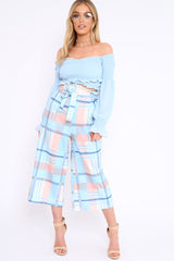 Blue Check Cropped Wide Leg Trousers - Silvia