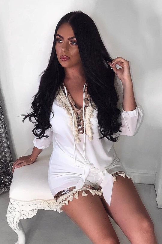 White And Gold Embellished Kaftan Top And Shorts Co- Ord -Sylviana
