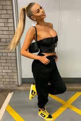 Black Faux Leather Zip Front Corset Top - Karolina