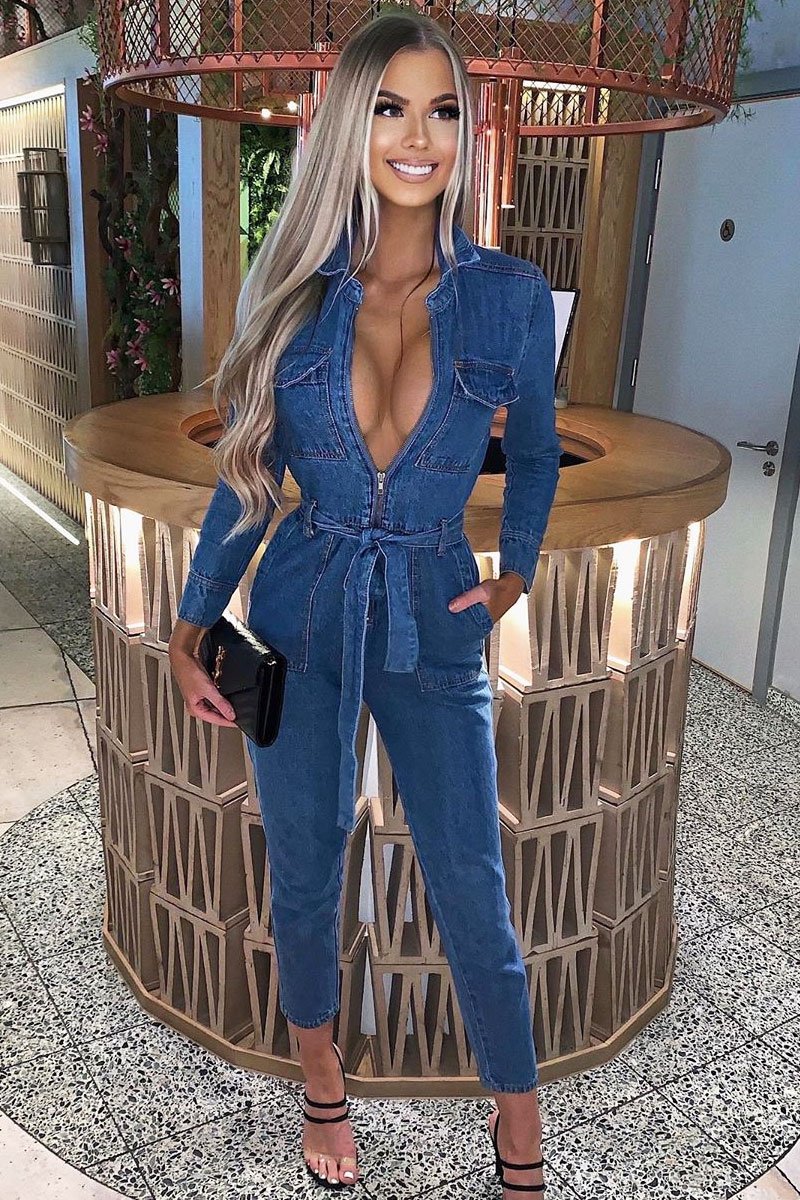 Dark Blue Denim Belted Boilersuit - Lucindy Dark Blue Denim Belted Boilersuit - Lucindy