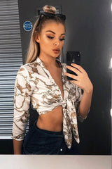 White Gold Chain Print Tie Front Blouse - Melika