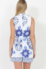 White & Blue High Neck Cut Out Playsuit - Tabitha