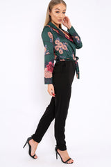 Green Floral Plunge Satin Wrap Front Jumpsuit - Talulah