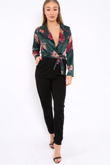 Green Floral Plunge Satin Wrap Front Jumpsuit - Talulah