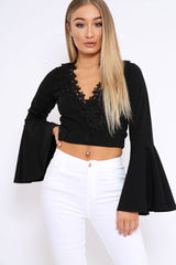 Black Extreme Flared Sleeved Embroidery Crop Top - Talisa