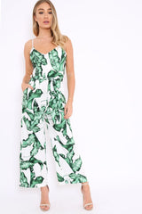 White Leaf Print Awkward Length Jumpsuit - Tallia