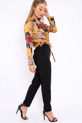 Mustard Floral Plunge Satin Wrap Front Jumpsuit - Talulah