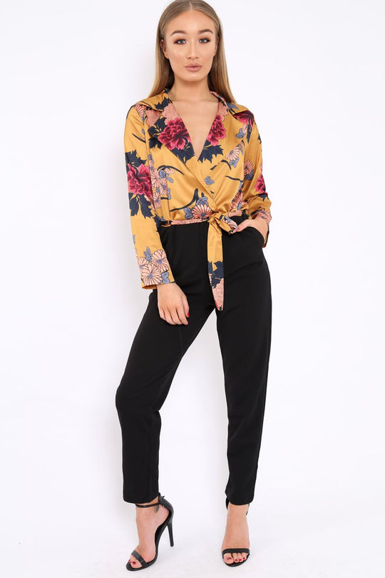 Mustard Floral Plunge Satin Wrap Front Jumpsuit - Talulah