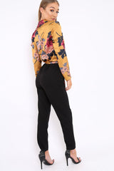 Mustard Floral Plunge Satin Wrap Front Jumpsuit - Talulah