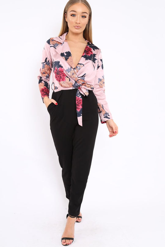 Rose Floral Plunge Satin Wrap Front Jumpsuit - Talulah