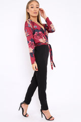 Wine Floral Plunge Satin Wrap Front Jumpsuit - Talulah