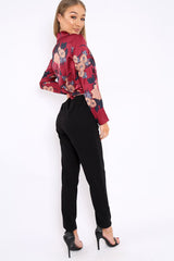 Wine Floral Plunge Satin Wrap Front Jumpsuit - Talulah