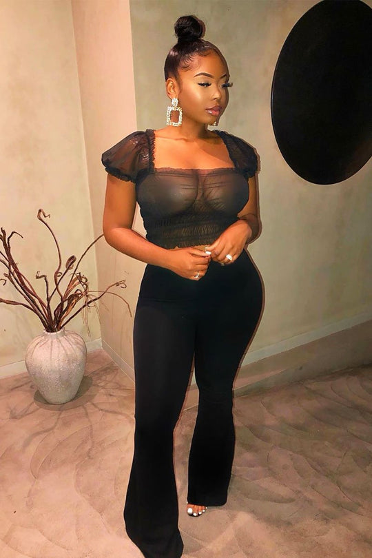 Black Mesh Ruched Puff Sleeve Crop Top - Evy