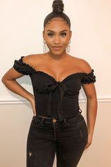 Black Bow Front Ruched Detail Top - Charlie