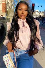 Pink Mesh Sleeve Bow Neck Blouse - Adelin