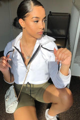 White Zip Front Drawstring Waist Hoodie Crop Top - Rudi