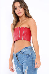 Red Faux Leather Zipper Detail Boob Tube - Tammie