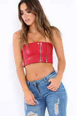 Red Faux Leather Zipper Detail Boob Tube - Tammie