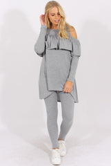 Grey Cold Shoulder Frill Dipped Hem Tracksuit - Tammy