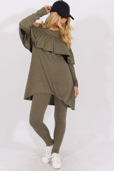 Khaki Cold Shoulder Frill Dipped Hem Tracksuit - Tammy