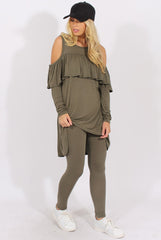 Khaki Cold Shoulder Frill Dipped Hem Tracksuit - Tammy