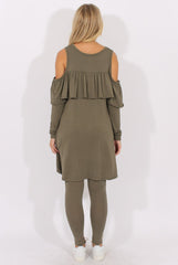 Khaki Cold Shoulder Frill Dipped Hem Tracksuit - Tammy