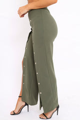 Khaki High Waist Flare Trousers with Popper detail -Tamy