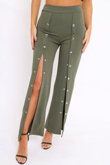 Khaki High Waist Flare Trousers with Popper detail -Tamy