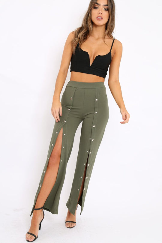 Khaki High Waist Flare Trousers with Popper detail -Tamy