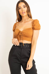 Tan Puff Sleeve Lace Up Front Crop Top - Kandis