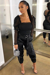 Black Satin Belted Utility Pocket Double Buttoned Trousers - Una