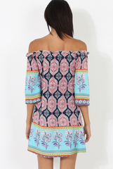 Blue Paisley Print Bardot Frill Trim Dress - Tanya