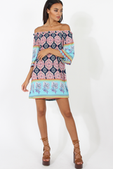 Blue Paisley Print Bardot Frill Trim Dress - Tanya