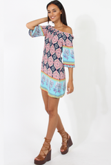 Blue Paisley Print Bardot Frill Trim Dress - Tanya