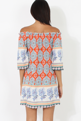 Orange Paisley Print Bardot Frill Trim Dress - Tanya